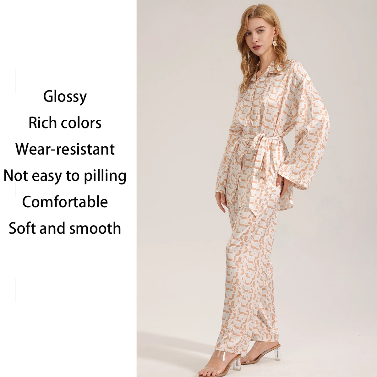 Summer Pajamas For Women Satin Chiffon Printed Pajamas Long Sleeve Trousers Suit Women's Light Luxury Pajamas 2PCS Home Clothes