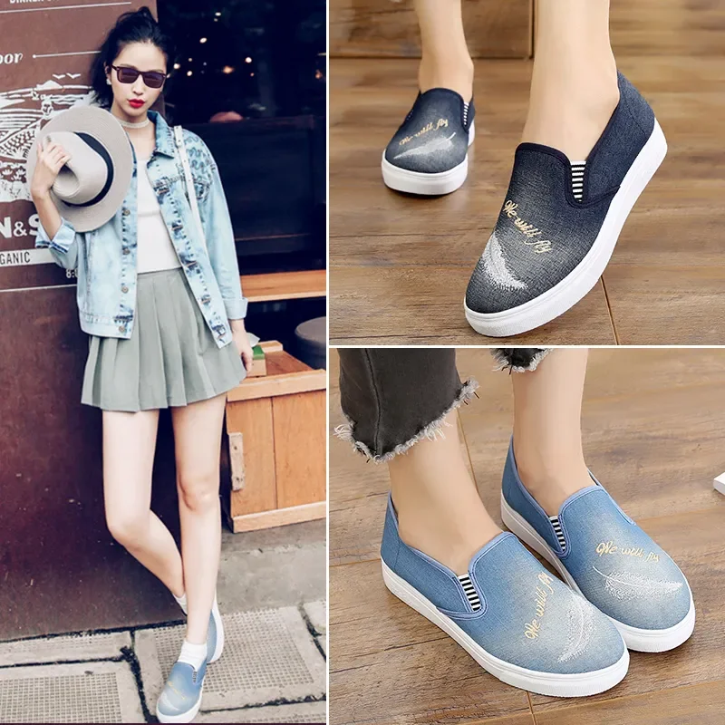 Women Cute Round Toe High Quality Comfort Spring & Summer Slip on Height Increased Shoes Lady Casual Blue Anti Skid Flats A211