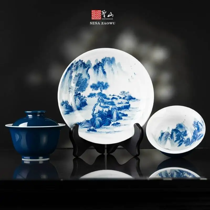 Holy Mountain Jingdezhen Jilan Hand-Painted Blue And White Landscape Ceramic Handmade Set Cover Bowl Tea Cup