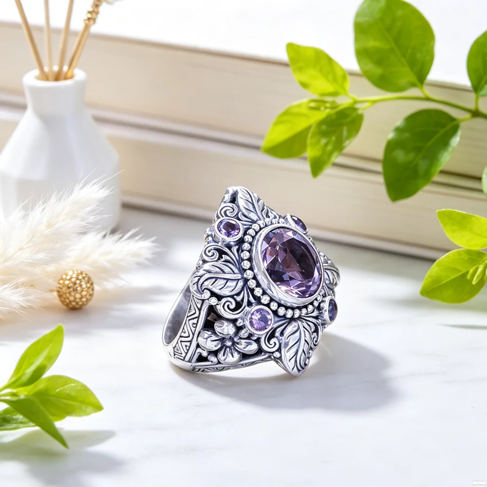 Luxury Purple Crystal Rings Genuine 925 Sterling Silver Rings Flower Leaf Retro Style Top Selling Multiple Sizes For Choice