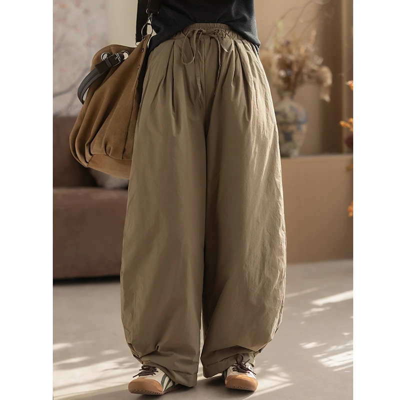 

Зима 2025 Новое поступление, женские брюки полной длины в стиле искусства, повседневные свободные хлопковые теплые утолщенные шаровары с эластичной резинкой на талии K103