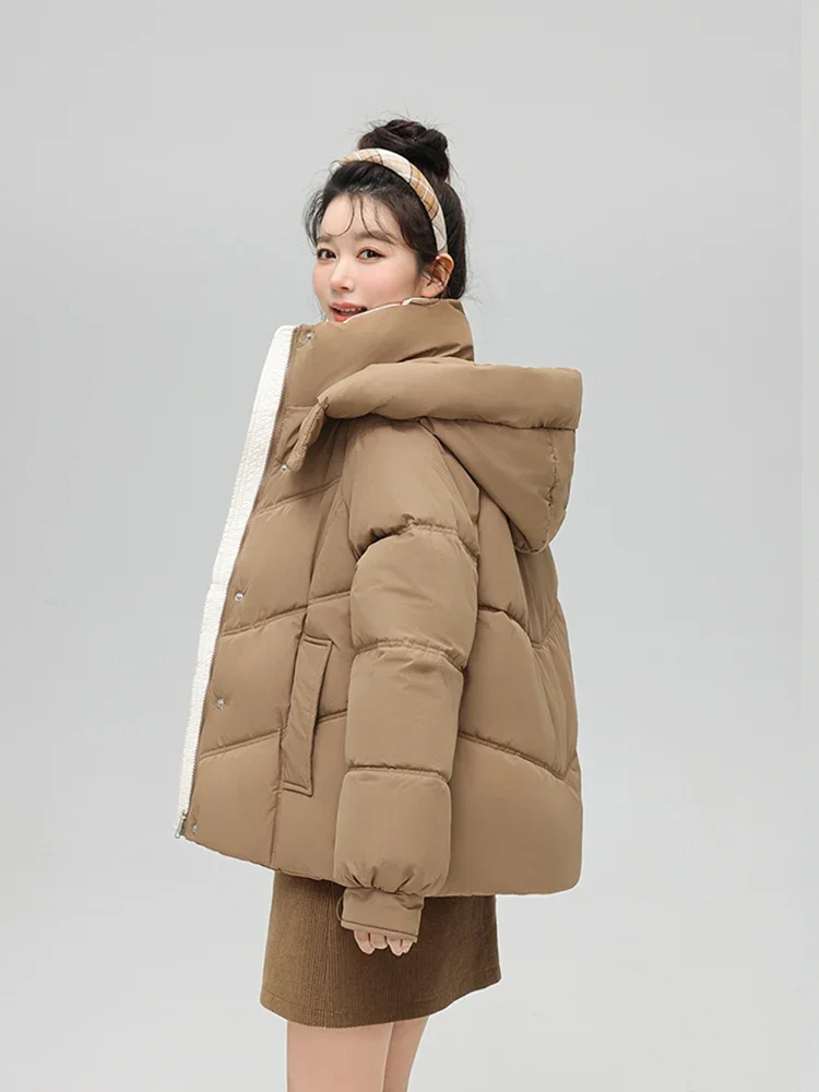 Vielleicht jaket hoodie wanita, jaket Puffer bertudung pendek Korea, baju empuk katun musim dingin Solid longgar, mantel musim dingin wanita 2024