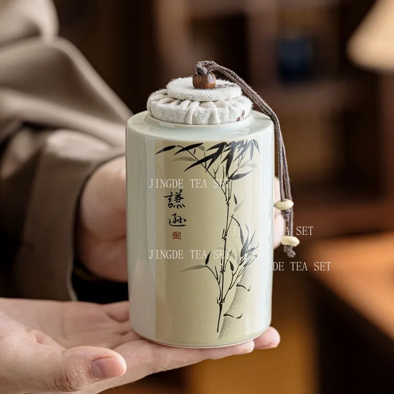 240ml Ceramic Tea Canister With Bamboo Ink Painting Linen Lid Sealed Tea Storage Jar For Loose Tea Coffee Spice Container