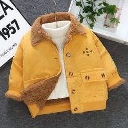 Boys' Winter Corduroy Jacket with A Solid Lapel Collar and Plush Thickening for Warmth and Fashionable Windproof Cotton Jacket