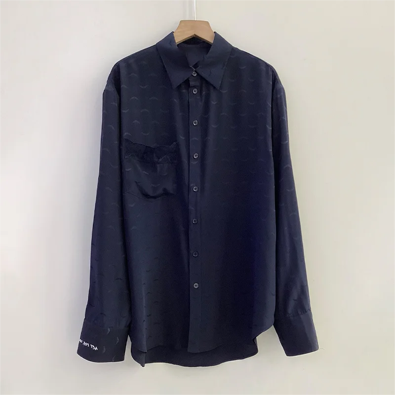 Zadig Navy Blue Shirt Women Loose Silk Jacquard Long Sleeve Blouses Tops Female Fashion Wing Jacquard Design Blouse