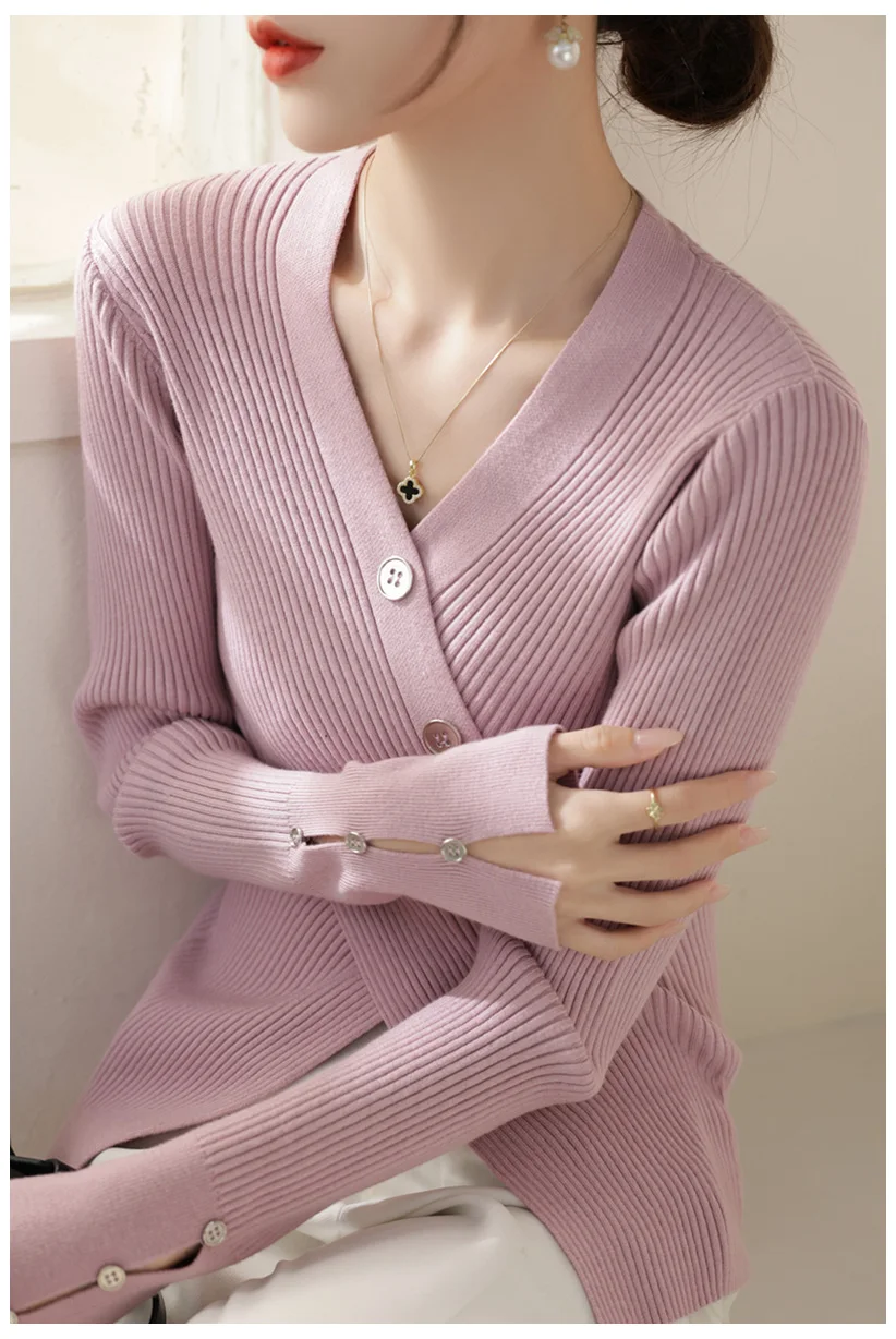 

Шикарный вязаный топ с v-образным вырезом и перекрестными пуговицами, женская новая базовая рубашка премиум-класса с длинными рукавами, мягкая элегантная многослойная блузка