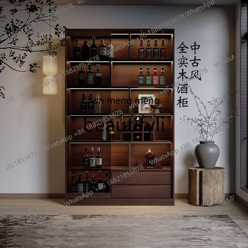 

N178 G Medieval black walnut color display cabinet, all solid wood wine cabinet, household glass display, storage light luxury c