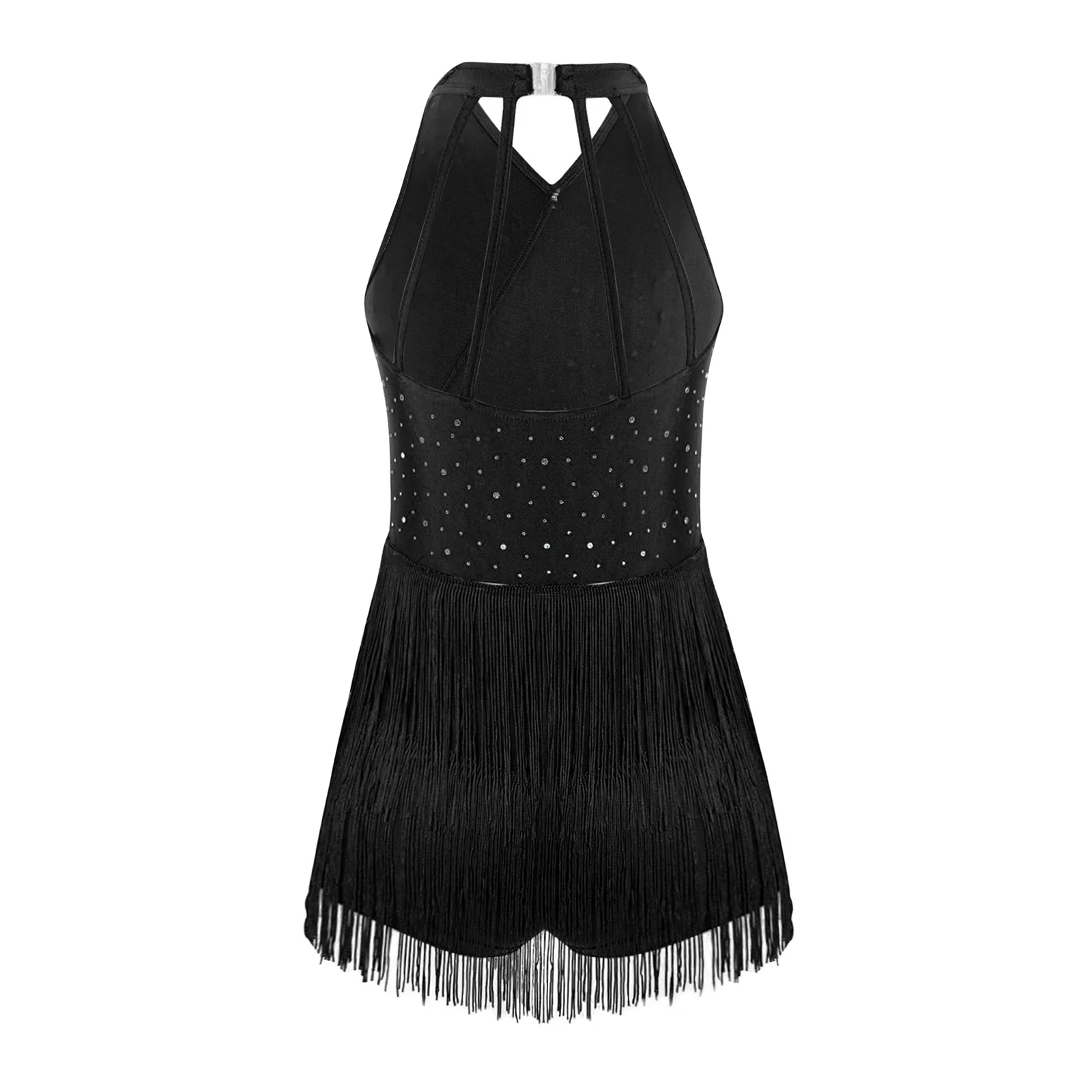 Elegant Latin Dancer Outfits Girls Glittery Fringe Tassel Leotard Halter V-neck Sleeveless Shiny Sequins Tassel Dancer Bodysuit