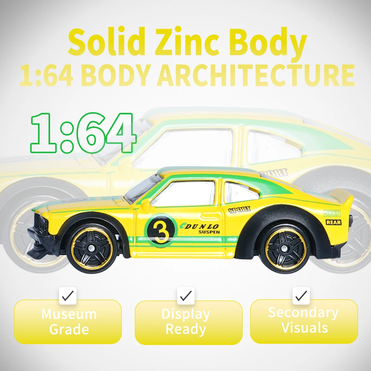 نموذج سيارة سباق مصنوع من خليط معدني 1:64، لون أصفر وأخضر، لعبة للأولاد، هدية إبداعية لعيد الميلاد والهالوين، تفاعل عائلي، متعدد الوظائف للعب والتجميع والتزيين #3