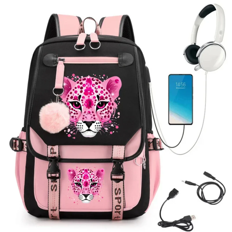 Bella scuola di cartoni animati con stampa leopardata per studenti adolescenti Borsa per libri USB Borsa per zaino per adolescenti per laptop anime