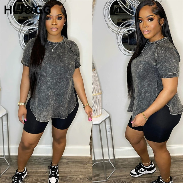 HLJ GG Casual Summer Sporty Matching Outfits Women Round Neck Irregular Top Biker Shorts Two Piece Sets Female 2pcs Outfits 2023 AliExpress 200000345