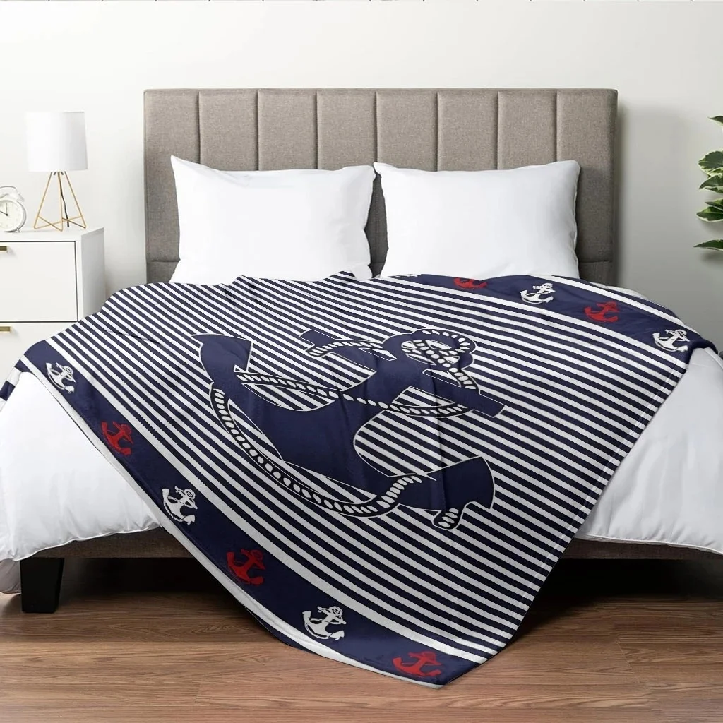 Classic ocean striped large anchor rope printed maritime border blanket, warm and comfortable blanket for autumn and winter