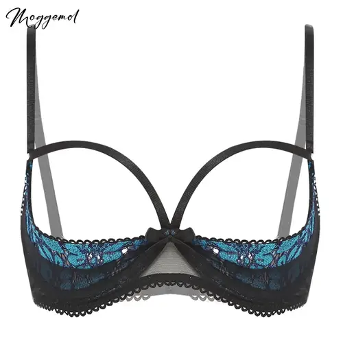 Sujetador Sexy sin copas para mujer, sujetador de encaje Floral transparente, calado, 1/4 tazas, Bralette con aros push-up, lencería Balconette, ropa interior