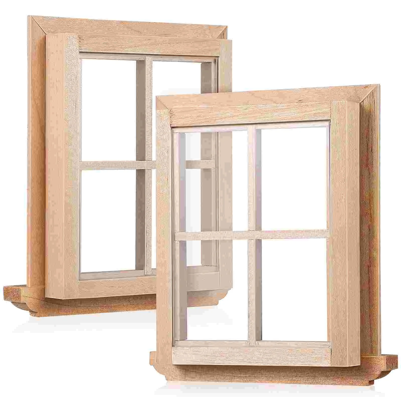 

2 Pcs Four Windows Puzzle Miniatures House Furniture Wood Wooden Frames Accessories Ornament Props Model Toy Birch