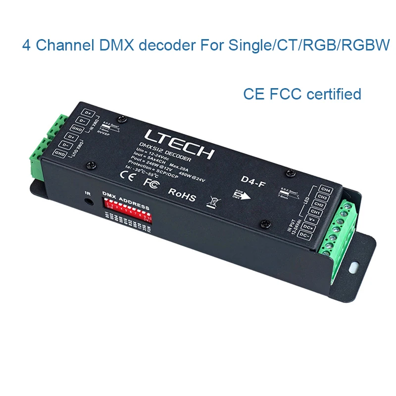 

LTECH DMX/RDM 4 Channel CV Constant Voltage Decoder DC12-24V 6A/CH 18A(4CH) 5A 4CH DMX512 Slave Green Terminal/RJ45 Port