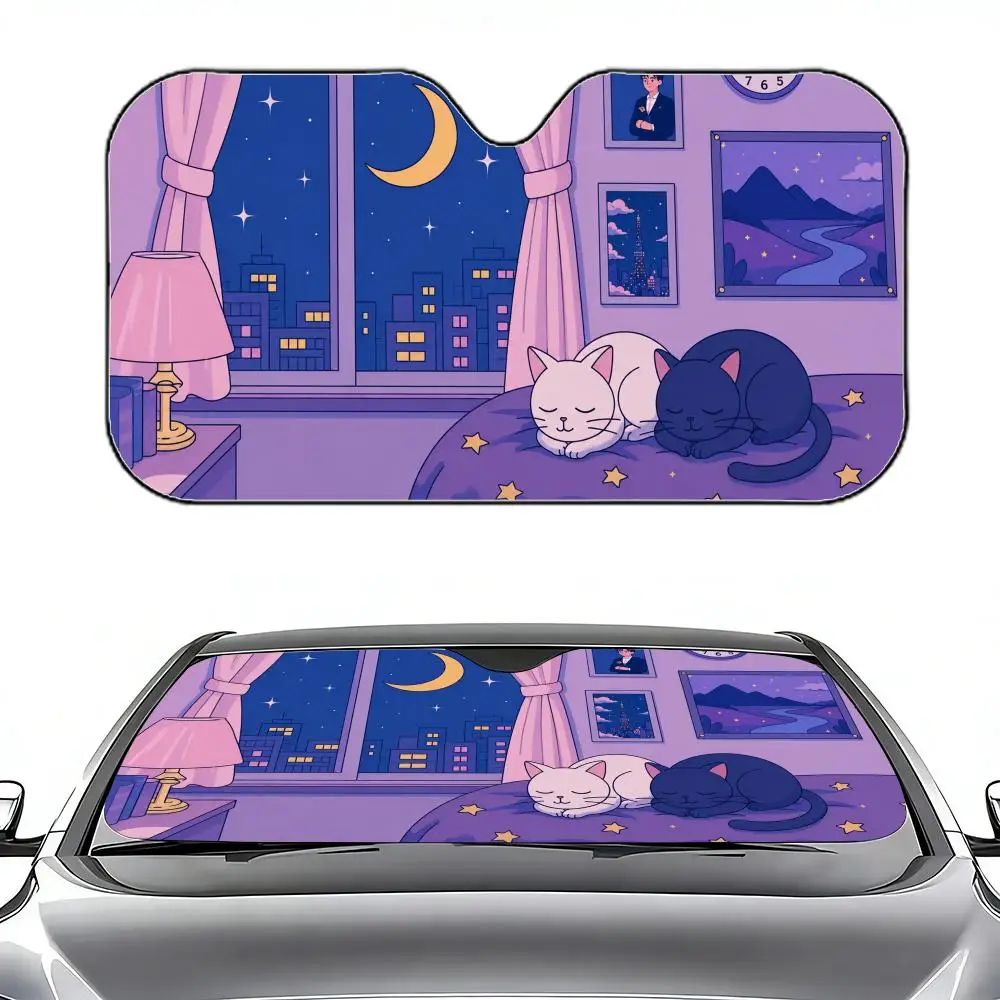 Kawaii Mond-Windschutzscheiben-Sonnenschutz mit Katzenmotiv, einziehbarer Auto-Sonnenschutz, UV-Schutz für die Windschutzscheibe, Fensterabdeckung