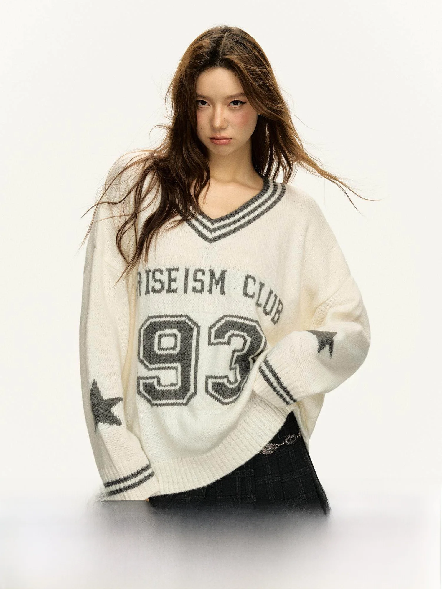 

Ariseism American Retro V-ne Loose Long Sve Knitted Sweater Women's New Sle Streetwear Autumn 2024 Faion Top