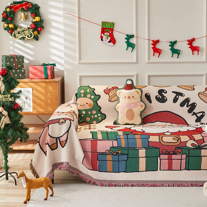 Christmas Festive Printed Sofa Cover Cartoon Pattern Cotton and Linen Couch Covers Double-Sided Usable Dustproof Home Textile