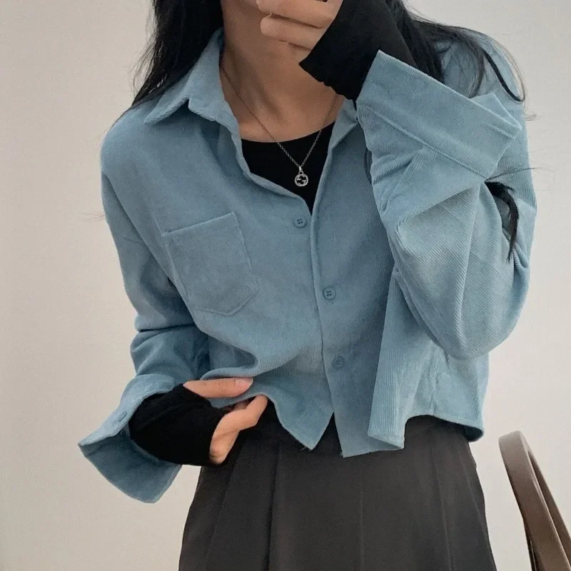 QWEEK Vintage Short Corduroy Shirts Casual Oversized Outerwears Woman Long Sleeve Blouses Korean Style Autumn Clothing 2024