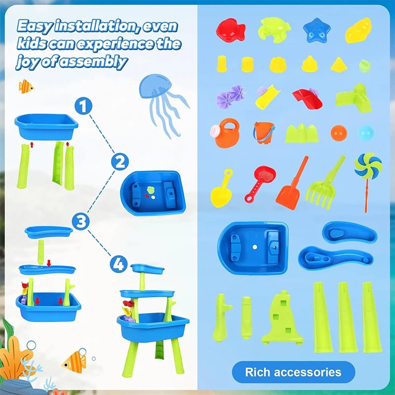 Tavolo da acqua con sabbia a 3 livelli per bambini con accessori per giocattoli d'acqua Tavolo da acqua estivo per i più piccoli Regalo di giocattoli da spiaggia per piscina da giardino all'aperto