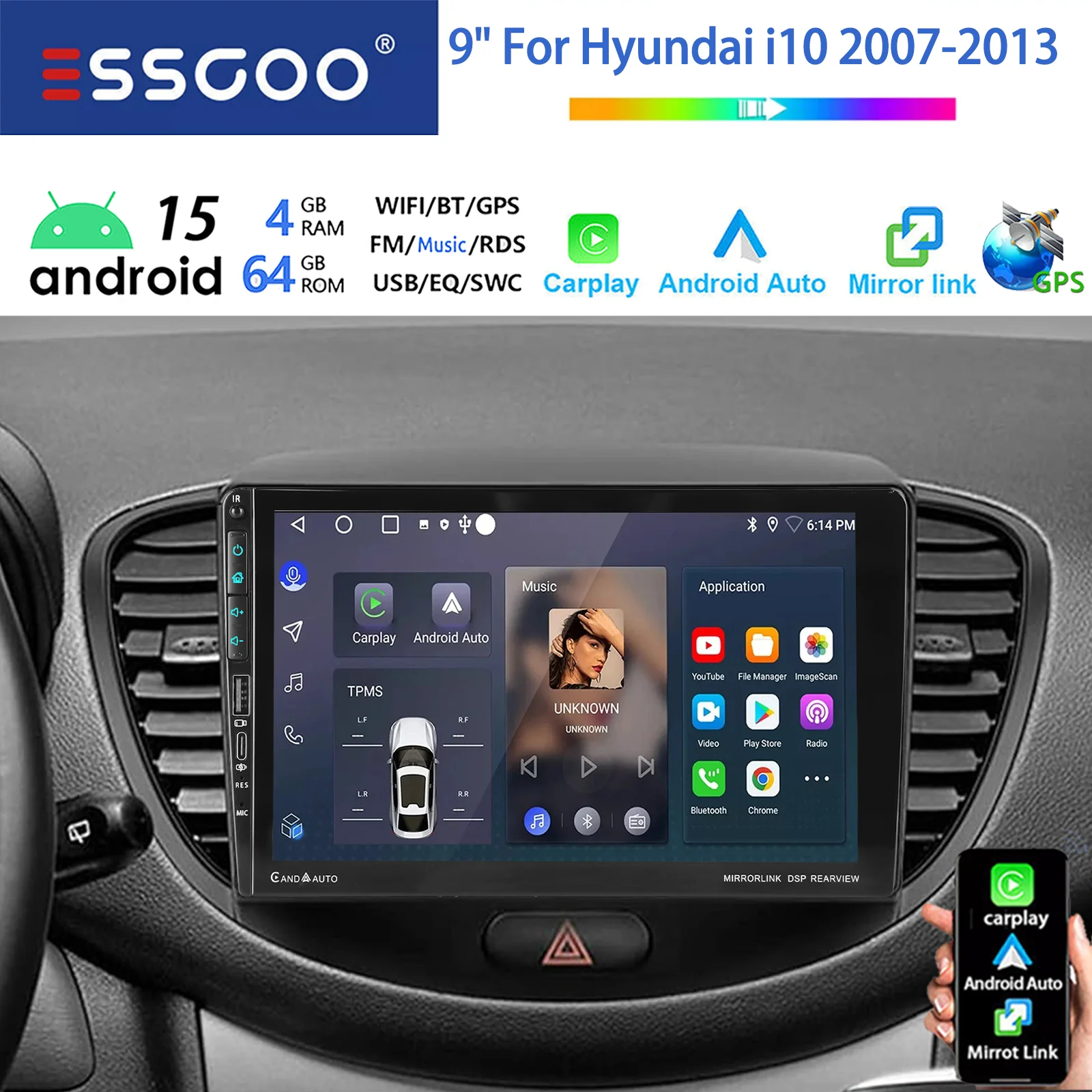 ESSGOO 9" Android 15 64GB für Hyundai i10 2007-2013 Autoradio Kabelloses CarPlay Android Auto USB GPS Navi WiFi Typ C BT RDS SWC