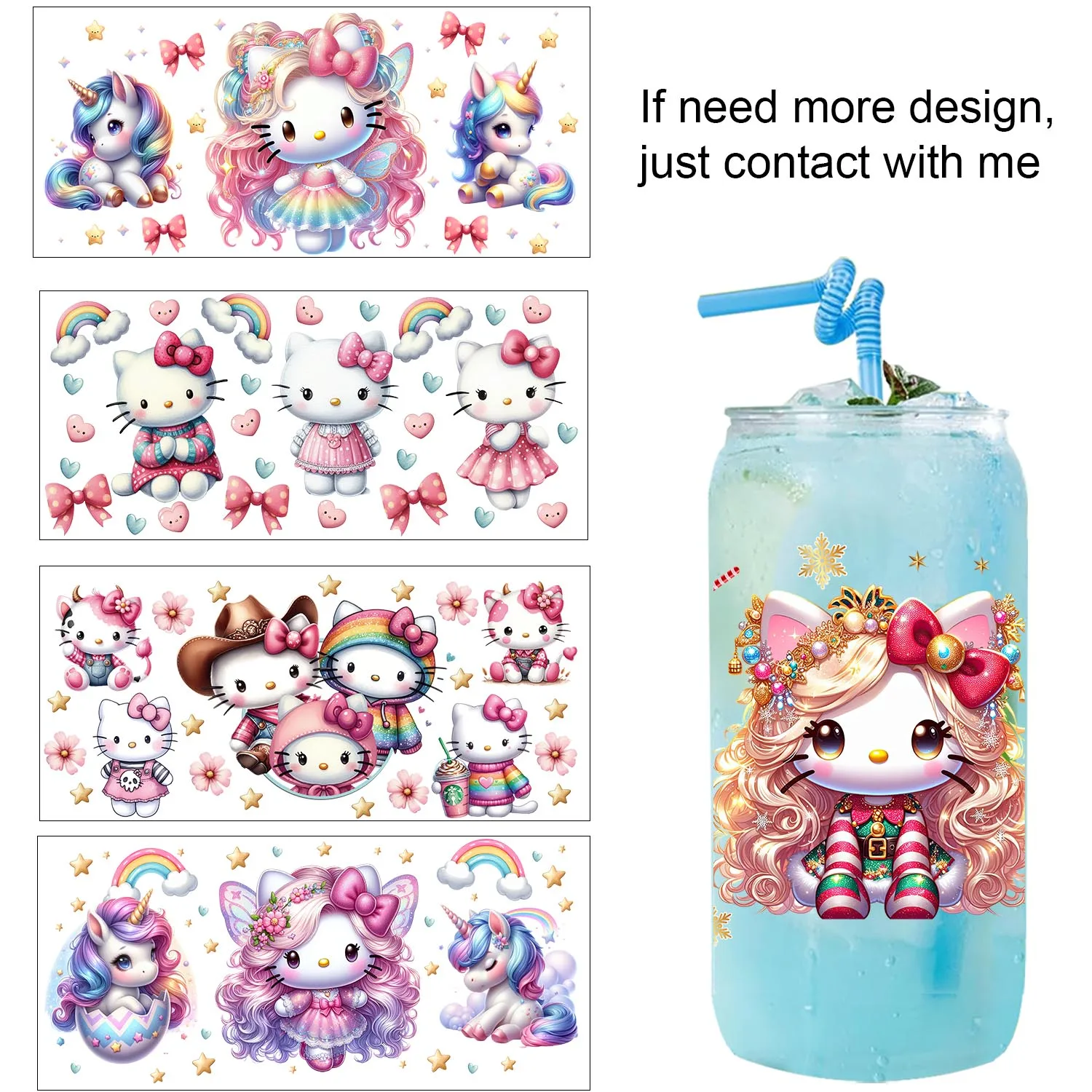 

Cute Kitty Anime artwork easy peel waterproof Party DIY Decals 3D transfers uvdtf tumbler seal stickers 16oz uv dtf cup wraps