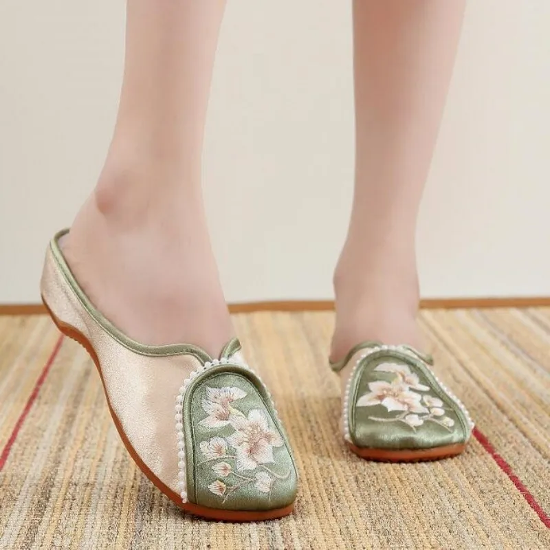 Pantofola estiva retrรฒ ricamata con punta tonda da donna muli di lino traspiranti scarpe eleganti Casual da donna scarpe da ballo in stile etnico
