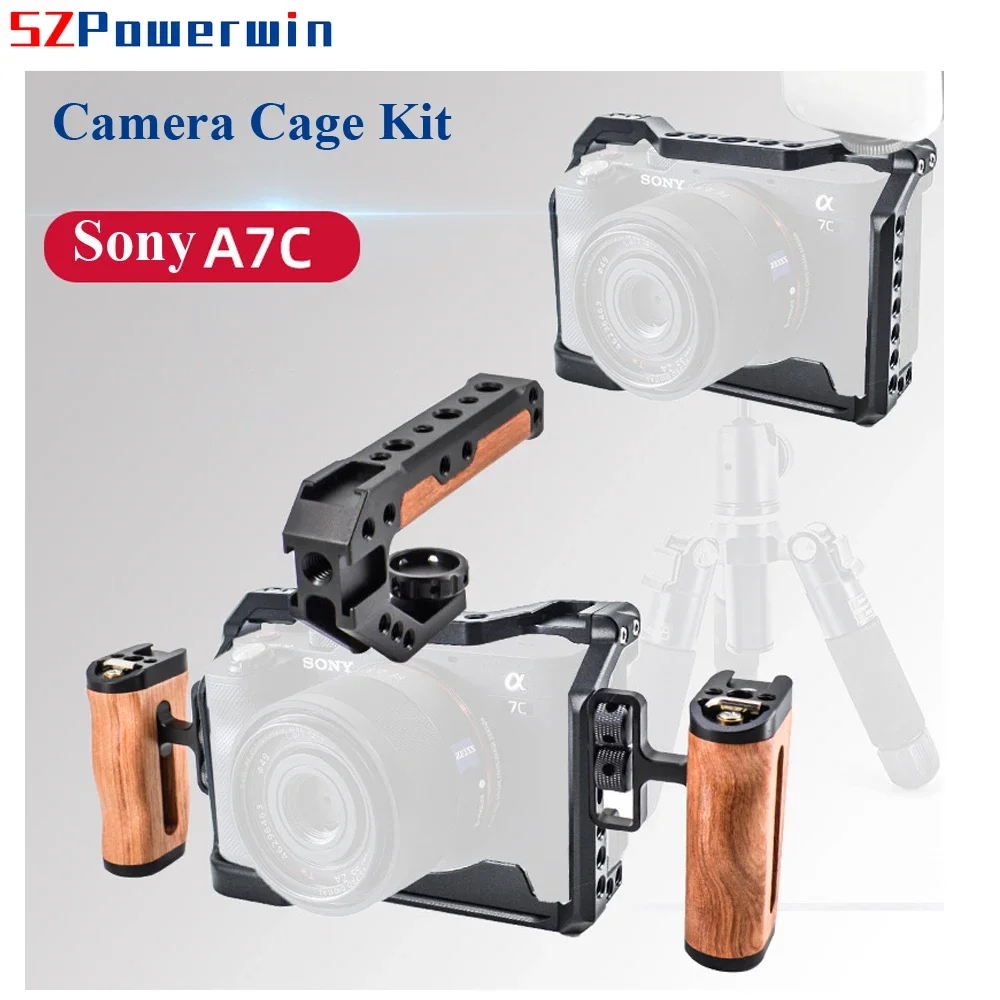 Powerwin For Sony A7C Camera Cage with wooden Handgrid Handle Kit Aluminum Alloy Multifunctional Arri Locating Screw