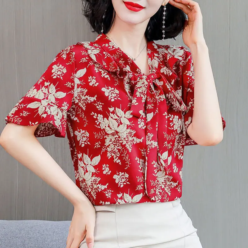 Vintage Gedruckt Chiffon Bluse frauen Kleidung Mode Rüschen Gespleißt 2023 Sommer Lose Elegante V-ausschnitt Kordelzug Bogen Shirt