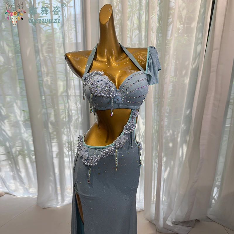 Trajes de dança do ventre terno feminino personalizado requintado pérola borla desempenho traje adulto dança oriental competição roupas