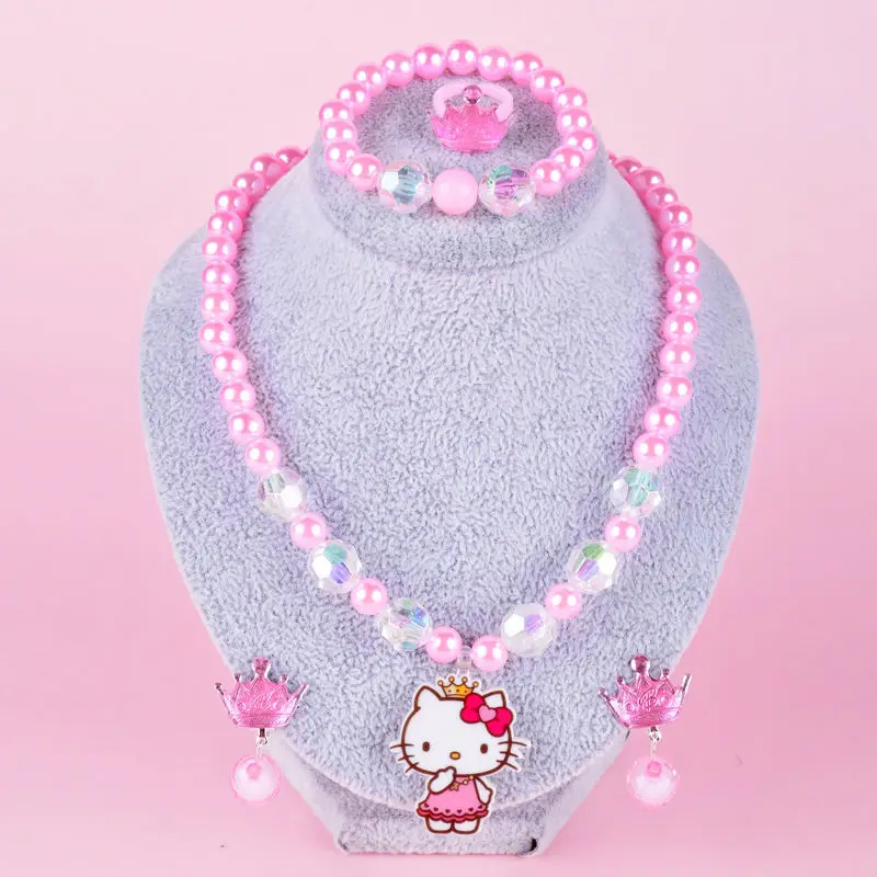 Sanrio Hello Kitty Children\'s Cartoon Necklace Bracelet Ear Stud Ring Set Girl Princess Head Ornament Earring Clip