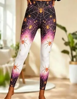 Women Mid‑Rise Fleece Lined Leggings, Halloween Neon Blue Purple Spider Web Print Slim Stretch Pants