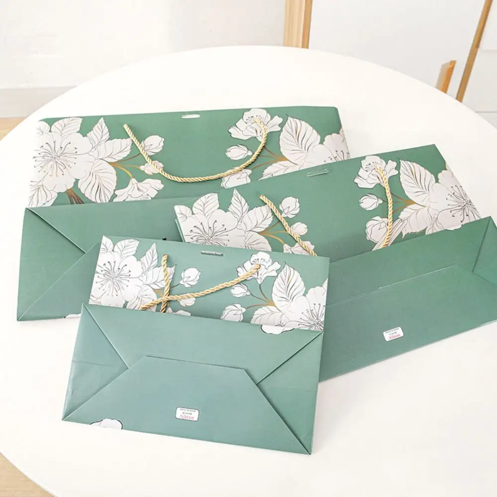 Green Handhold Paper Bag Creative Thicken Luxury Printing Floral Bird with Ribbon Wrapping Shopping Bag Gift