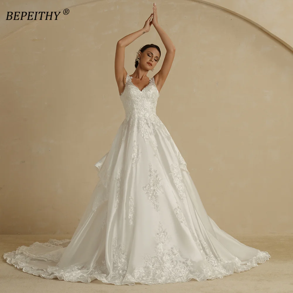 BEPEITHY Customized V Neck Shinny Satin Lace Wedding Dresses For Women Court Train Ivory Sexy A-Line Backless Bridal Gown 2022