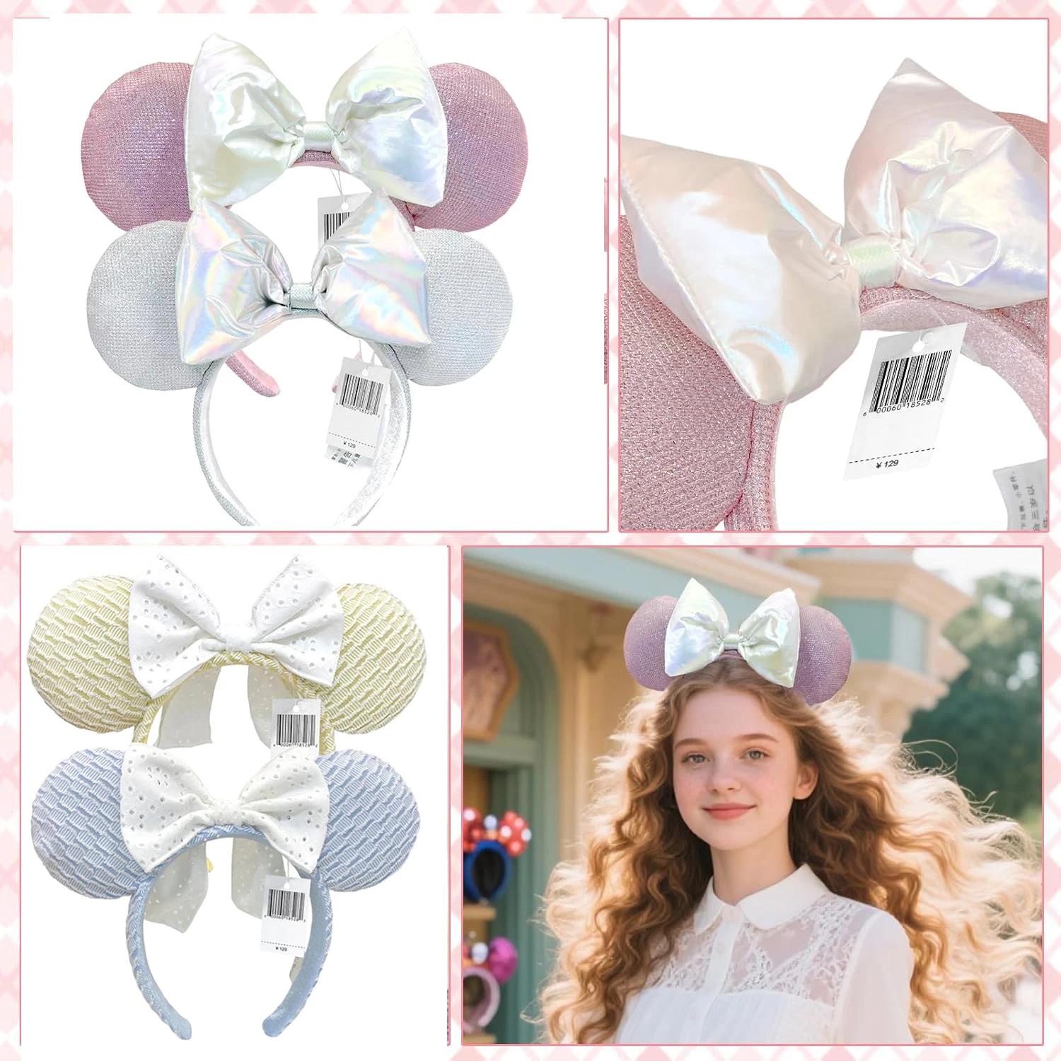 

Disney Minnie Mouse Ear Headbands Pink White Bow Hairbands Holiday Birthday Party Princess Decoration Cosplay Costume for Women