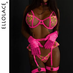 Ellolace Luxury Erotic Lingerie Neon Pink Heart-Shaped Lace See Through Matching Underwear Fantasy Naked Bilizna Set With Gloves