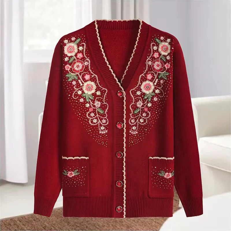 New Casual V-neck Long Sleeve Coats Female Knitted Sweater Spring Autumn Middle-aged And elderly Women\'s Sweater Cardigan Jacket