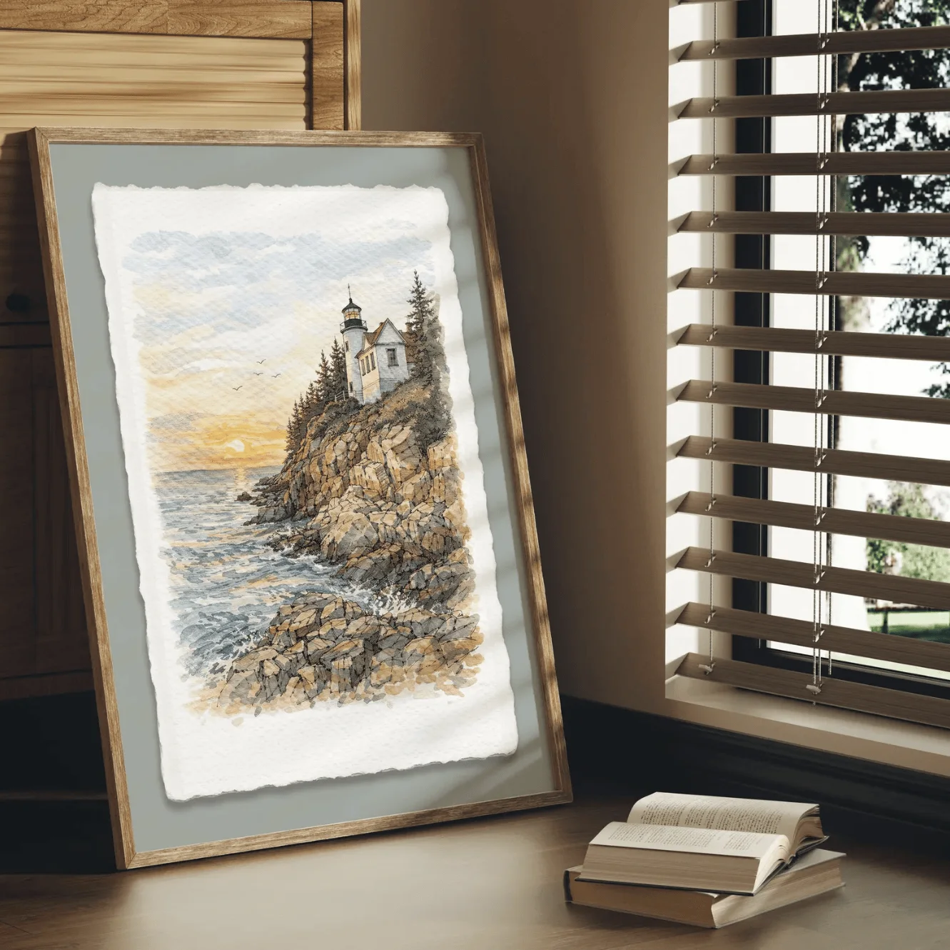 Cliff Lighthouse Sunset Canvas Prints Posters Decor, Coastal Ocean Watercolor Wall Art for Living Room Bedroom Cottage Cafe