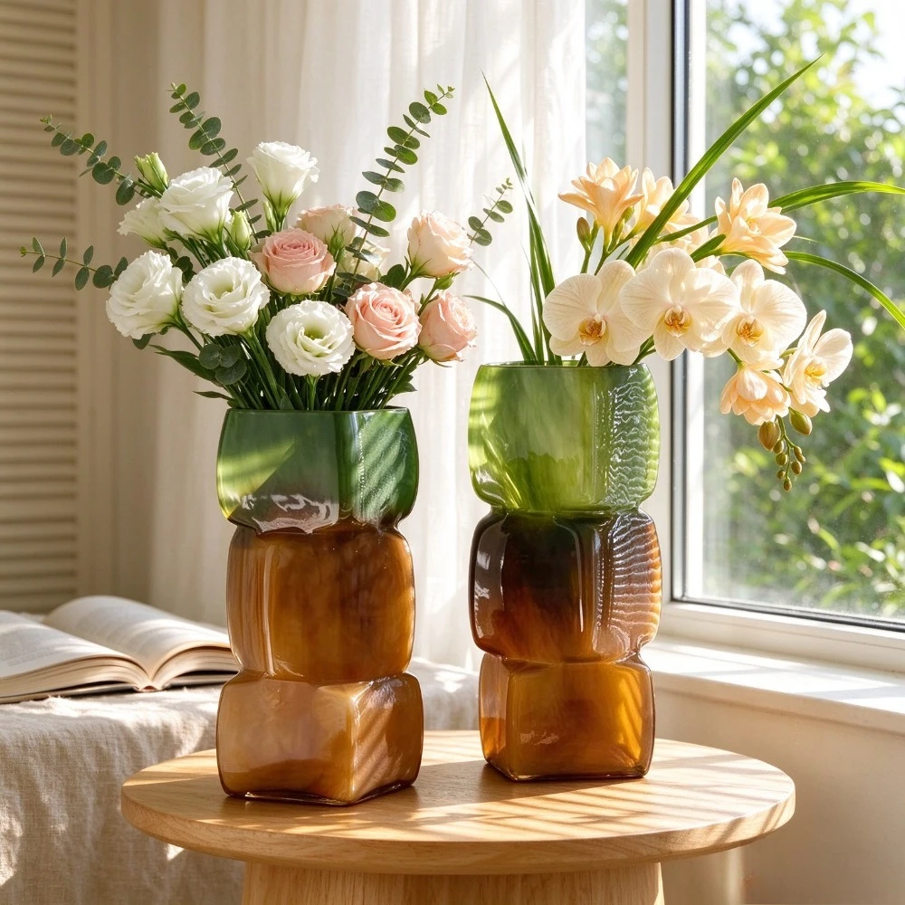 Modern Stack Block Glass Vase Smoke Green Amber Gradient Flower Vase Table Centerpiece for Wedding Party Home Decor