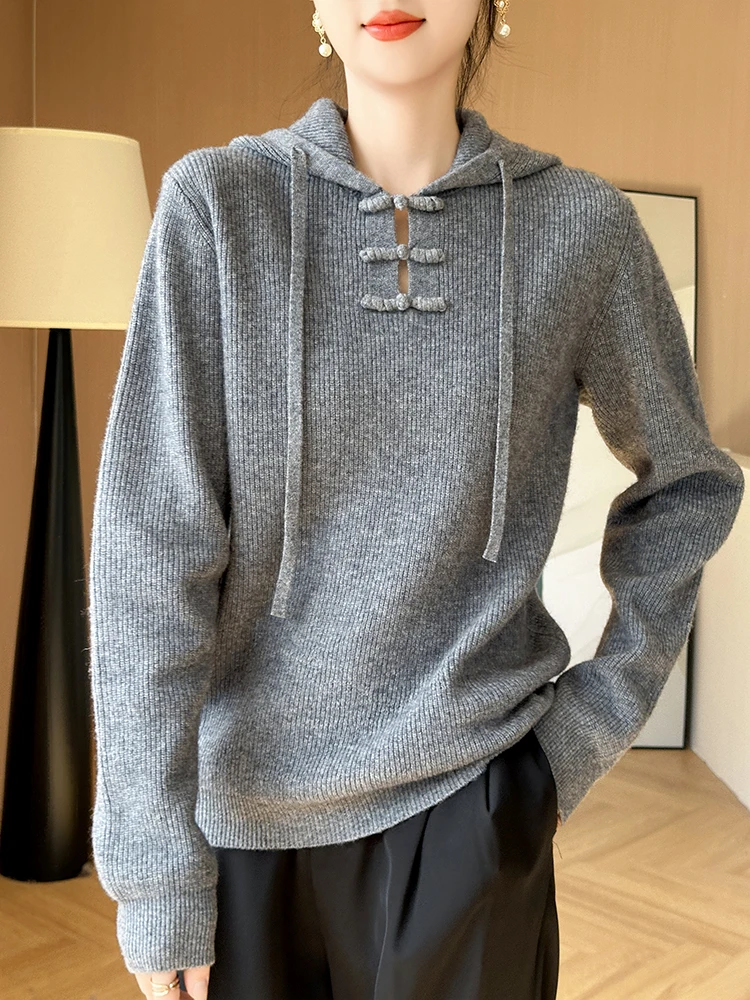 Nowy, elegancki sweter damski w stylu chińskim z kapturem, zapinany na guziki, jesienno-zimowy, wykonany w 100% z wełny merino, z regulowanym sznurkiem, swobodny, dzianinowy top.