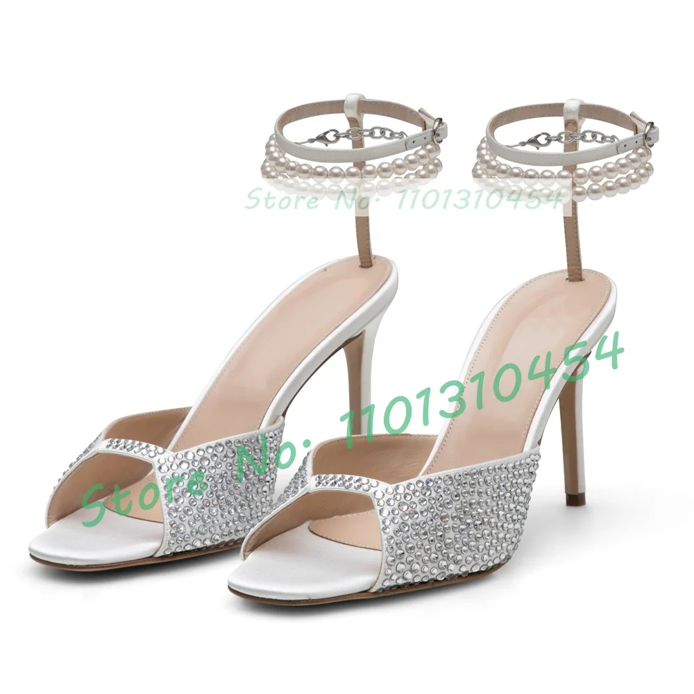 Sparkly Crystal Toe Strap Satin Sandals Women Luxury Pearl Chain Open Toe Party High Heels Ladies Classy Ankle Strap White Shoes