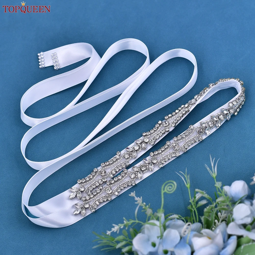 TOPQUEEN Sparkling Bridal Belt Wedding Formal Dress Rhinestone Sash Bridal Accessories Crystal Satin Ribbon Women's Sash S430