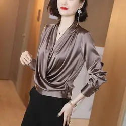 Simulated Silk Top 2025 Early Autumn New Loose Cross V-neck Long-sleeved Shirt Mulberry Silk Style Versatile Elegant Shirt