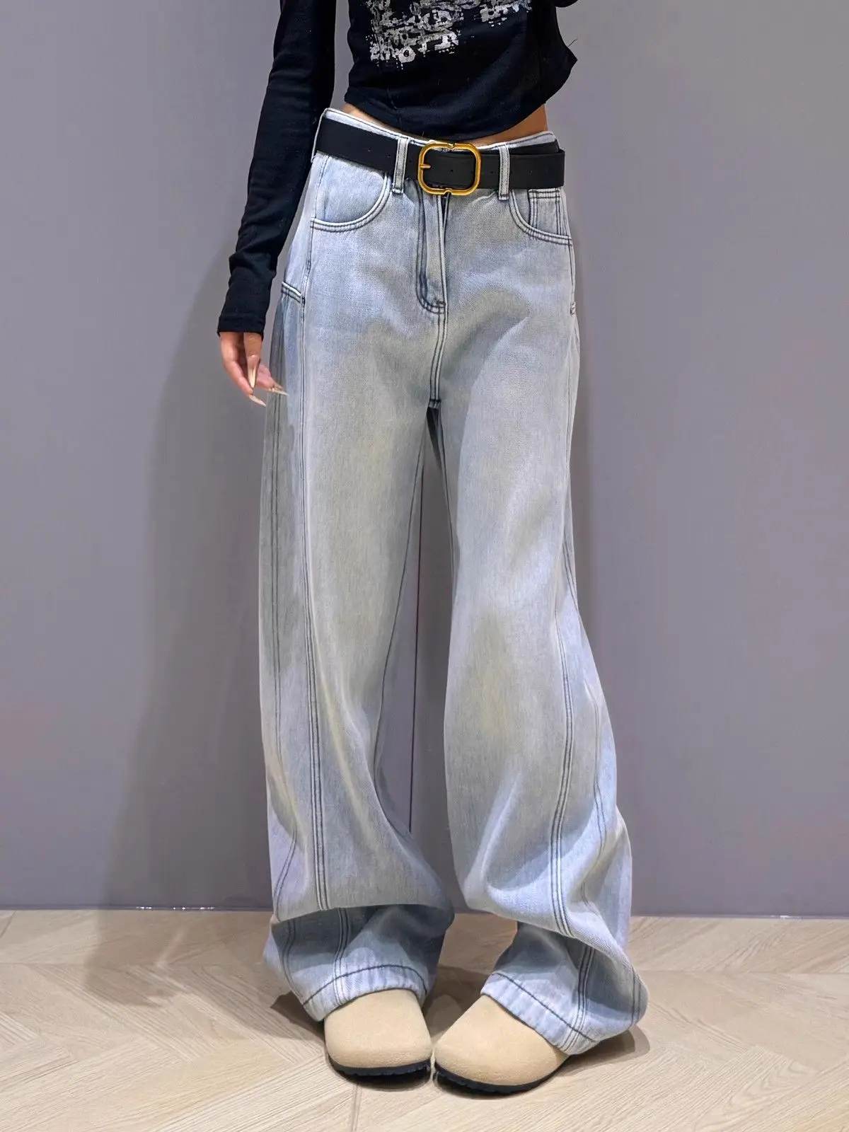 New High-Waist Loose Wide-Leg Slimming Straight Floor-Length Pants Women's Denim Jeans Elastic Wide Leg Low-Waist Jeans