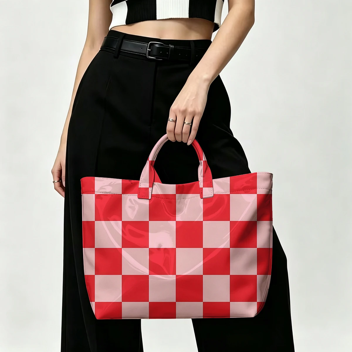 Pink Christmas square PVC Tote Bag Lightweight Handbag Commuting Large Capacity Portable Travel Shoulder Bag Tote Bag Mothe