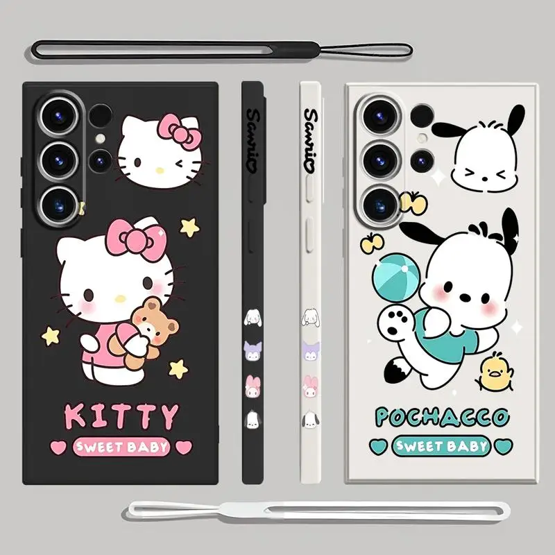 Sanrio H-Hello K-Kitty Pochacco Phone Case for Samsung Galaxy S9 Note 10 Plus 8 9 S8 S10e S10 Note 20 Ultra Square Liquid Coque