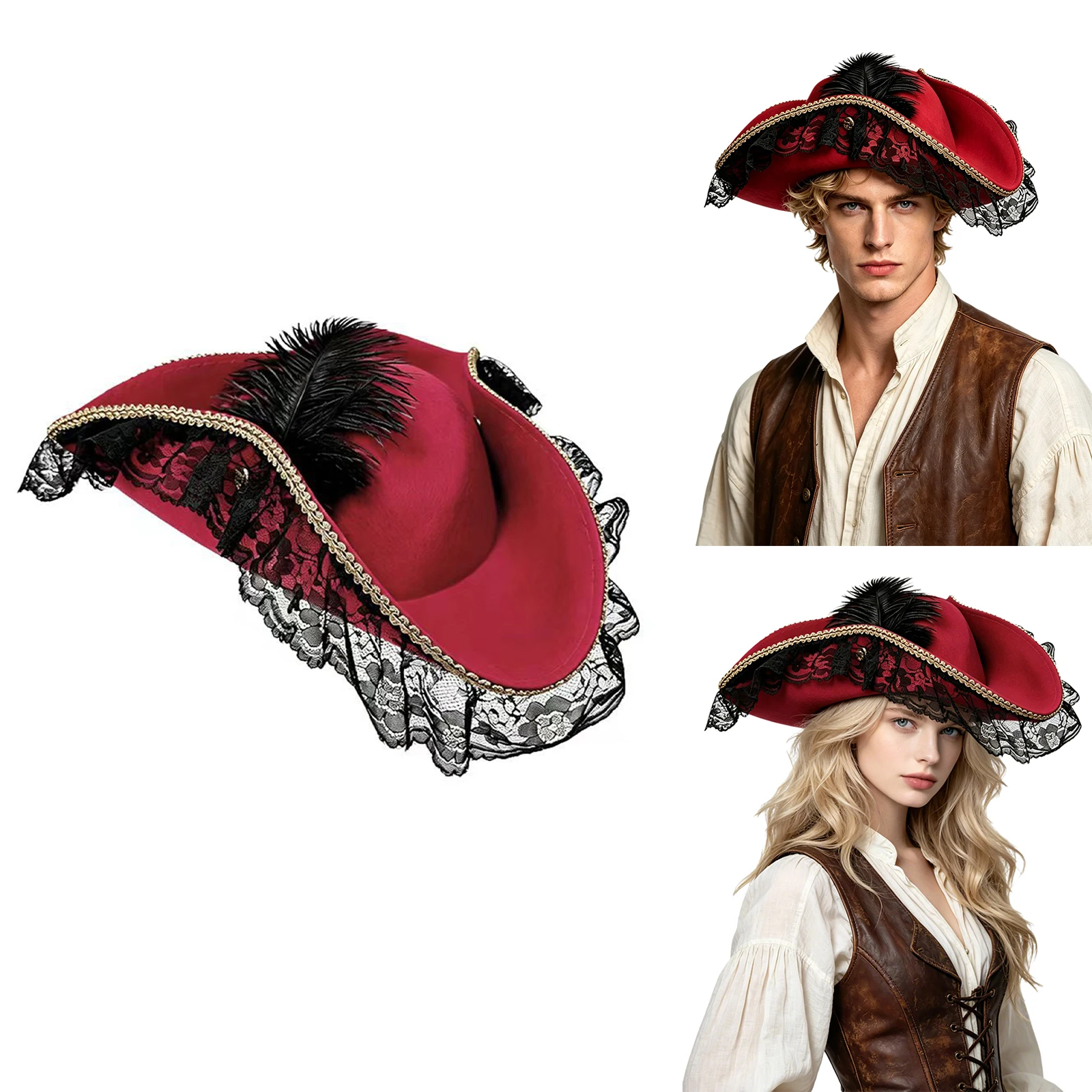 Women Elegant Lace Pirate Hat with Shimmering Gold Braided Trim Halloween Party Cosplay Events Theatrical Performances