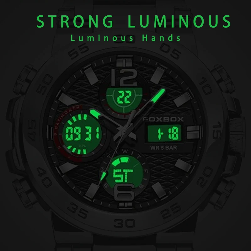 FOXBOX 2026 Fashion Luxury Quartz Men's Watch Waterproof Dual Display Luminous Chronograph Sports Watch for Men reloj hommes+BOX
