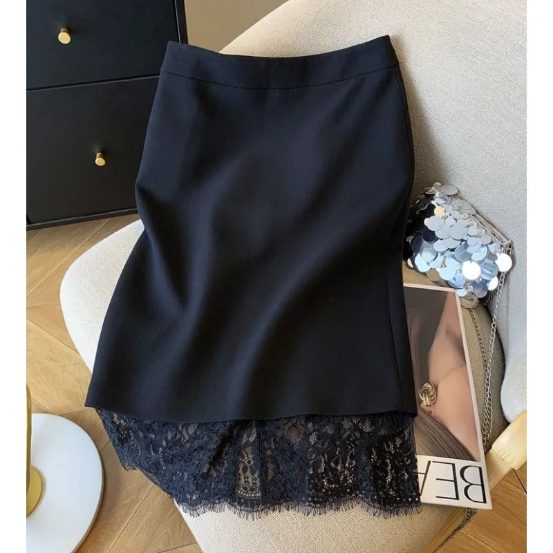 

French Light Luxury Lace Splicing Skirt for Women Autumn New Workplace White-collar Straight One-step Hip Skirt