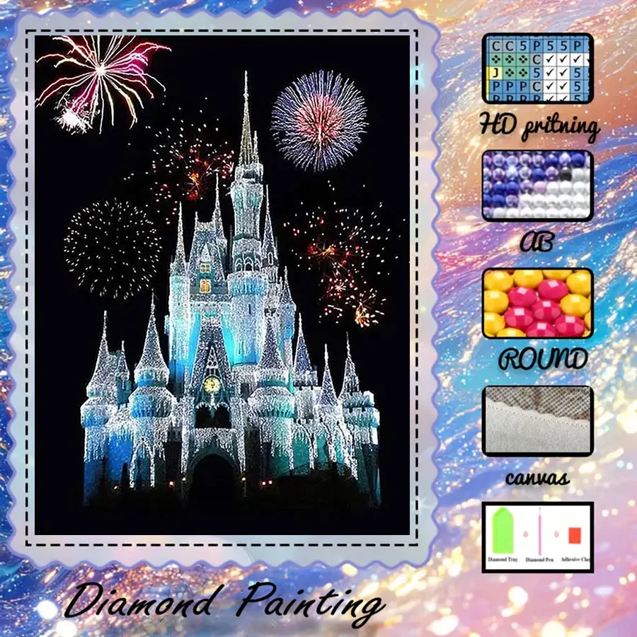 1 piece - 5D-DIY - Flocking cloth - Special drill - Diamond painting set - Fireworks, castle - Mosaic - Diamond art